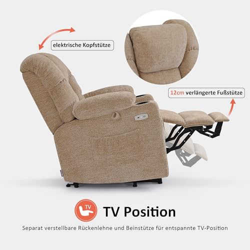 M MCombo Fernsehsessel mit Aufstehhilfe Elektrisch, 3 Motoren, Rückenlehne & Beinstütze Getrennt Verstellbar, Relaxsessel mit Liegefunktion bis 170° Verstellbare Kopfstütze 7550 (Chenille, Beige) – Bild 5