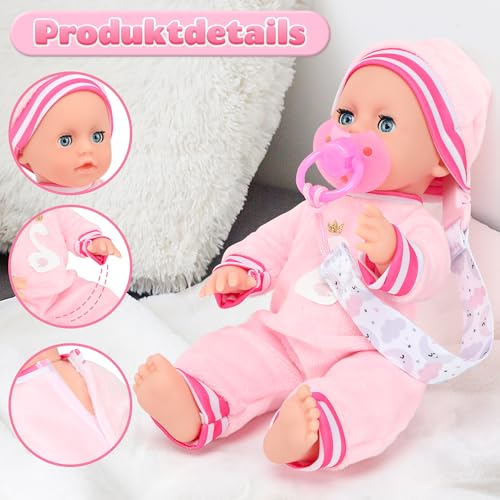 GirlDiary Realistische Mompe 12 Zoll mit Zubehör Set, 3 Kleider, Stubenwagen Bett, Fütterung Playset, Baby Puppen Mädchen für 3-8 Jahre, Baby Puppe Spielzeug mit Kleidung 00310 – Bild 3
