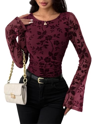 IWD Women's Floral Mesh Blouse Crew Neck Lace Long Sleeve Top Wine Red, M