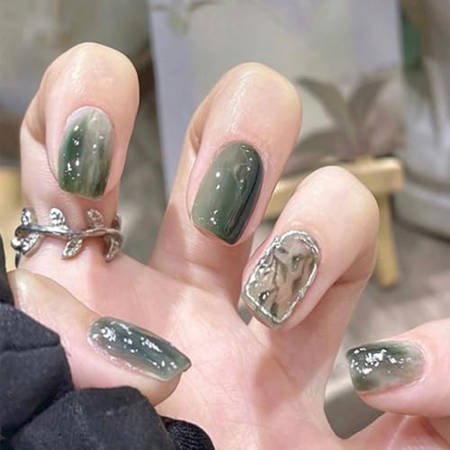 Aikeis 24 pegatinas de uñas ovaladas cortas con hojas verdes, ramas verdes, diseño artístico de tinta, uñas postizas para mujeres, uñas de cobertura completa, uñas cortas