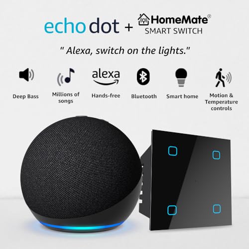 Image of Amazon Echo Dot (5th Gen, Black) Combo with HomeMate Wi-Fi Smart 4 Gang Touch Switch (Black)