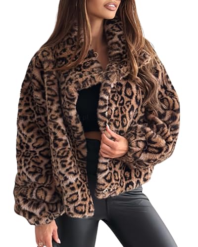 CORIRESHA Women's Winter Faux Fur Jackets Warm Fleece Long Sleeve Leopard Print Coat