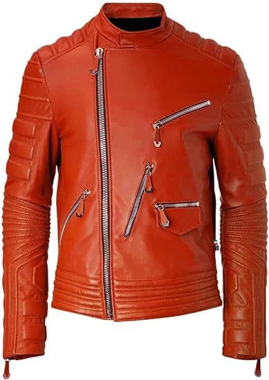 Mens Aviator Black and Red Moto Biker Genuine LambSkin Leather Jacket