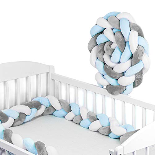 Bettschlange Baby geflochten Bettumrandung - Bettrolle für Babybett nestchen schlange Nestchenschlange Weiß Grau Hellblau 220 cm