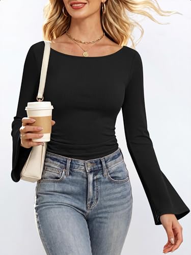 ANRABESS Women Bell Long Sleeve Shirts Boat Neck Top Black Small — view 5