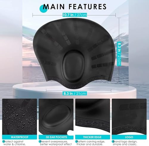 Image of TEKCOOL Designed Long Hair Swim Cap,Waterproof Silicone Swimming Cap for Adult Woman and Men,Keeps Hair Clean with Ear Protector Fresh Long Lasting Silicone Made Waterproof Swimming Cap(Black).