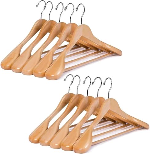 Perchas de madera maciza con hombros extra anchos, antideslizantes, para camisas, abrigos, chaquetas, pantalones, trajes, ganchos giratorios 360° (natural, 60 unidades)