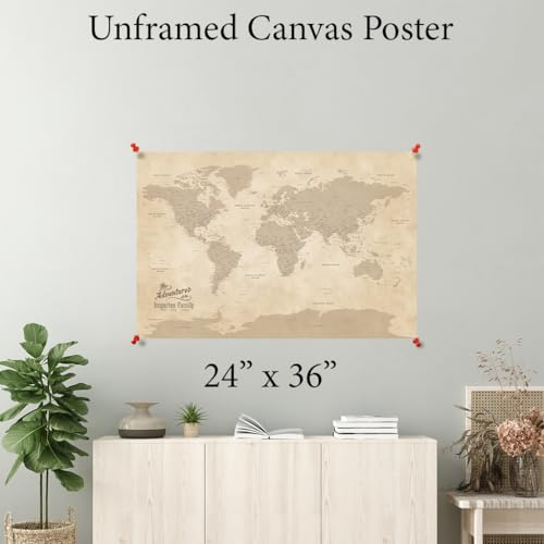 Image of Vintage Style World Travel Map Poster with Pins - Canvas Travel Tracker - Customized Map of the World - Large 24 inch x 36 inch