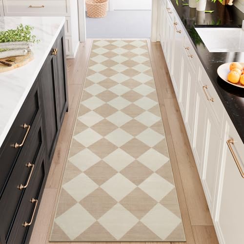 Beeiva Checkered Print Long Hallway Runner Rug Non Slip, Beige