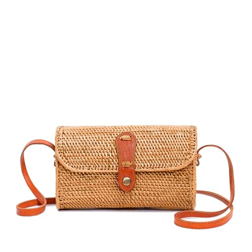 Novum Crafts Rattan Purse - Handmade Ata Straw Purse Wicker Woven Crossbody Bags - Cute Tan Brown Boho Beach Clutch and Handbags - Trendy Vacation Round Circle, Square Summer Purses for Women 2025
