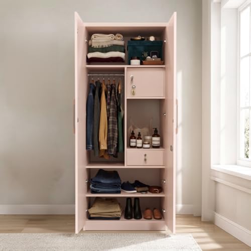 Image of 2 Door Wooden Wardrobe for Bedroom, Pink, 75x30x19 Inch