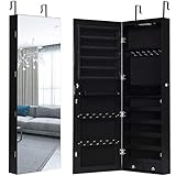 Giantex Wall Door Jewelry Armoire Cabinet with Full-Length Mirror, 2 LEDs Lockable Large Storage Jewelry Organizer with Wide Mirror, Makeup Pouch, Bracelet Rod, Jewelry Amoires w/ 2 Drawers (Black)