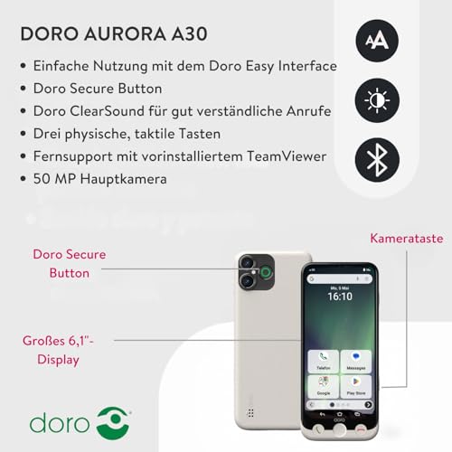Doro - Aurora A30 Smartphone - Seniorenhandy - Einfach zu bedienen - Hilfetaste mit GPS-Ortung - Hörgerätekompatibel - Inklusive USB-Kabel - Weiß