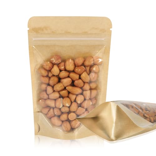 100 PCS Resealable Bags Stand Up Kraft Bags with Window Clear Front Pouches Zipper Lock Food Storage Bags 3.95.9 Inch Reusable Sealable Bags for Packaging