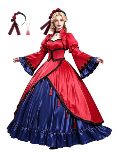 Qseownd Scarlett Castiel Cosplay Gown Gothic Victorian Princess Dress Belt Holy Grail Costume Wig for Halloween Party Wedding，Red：Medium