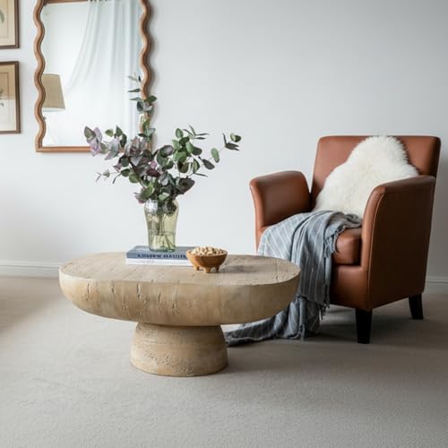 SPMETUYO 36' Faux Stone Coffee Table for Living Room Oval Coffee Table for Indoor or Outdoor, Modern Travertine Concrete Pattern Center Tables Side Tables, Magnesium Oxide, No Assembly,Cream