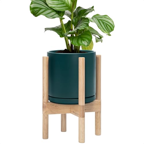 D'vine Dev Ceramic Pot with Natural Wood Stand, Teal, 8 in, 55-B-N-4