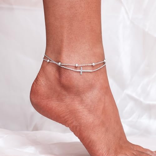 CHIC & ARTSY Womens Sterling Silver Created Opal Layered Anklet Bracelet Dainty Beaded Chain Adjustable 11" Best Friend Anklet2