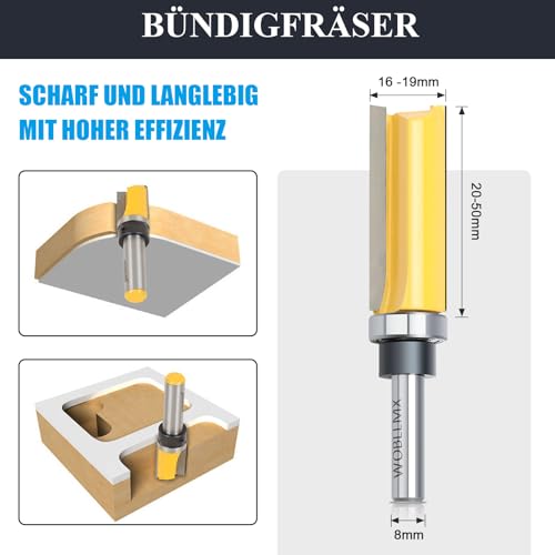 WOBLLMX 8mm Schaft Bündigfräser,Ø19mm,Arbeitslänge 50mm,mit Kugellager Hartmetall Klinge Handlich,langlebig und scharf für Holzbearbeitung DIY zu Hause