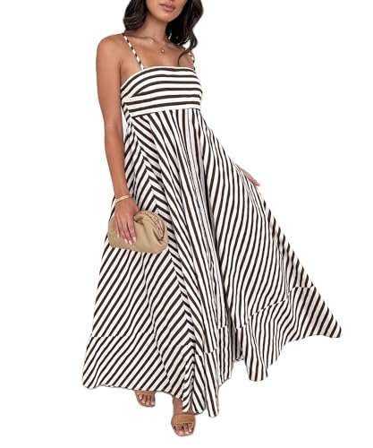 Image of Women Striped Maxi Dress Smocked Backless Spaghetti Strap Long Flowy Dress Sleeveless Boho Aline Sundress