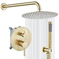 gotonovo Shower System 10 Inch Round Rainfall Showerhead Wall Mounted High Pressure Shower Faucet Set Fixture Combo with Rough in Valve and Cylindrical Handheld Spray, Brushed Gold