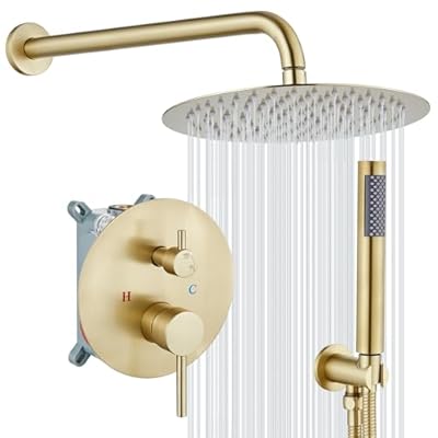 gotonovo Shower System 10 Inch Round Rainfall Showerhead Wall Mounted High Pressure Shower Faucet Set Fixture Combo with Rough in Valve and Cylindrical Handheld Spray, Brushed Gold