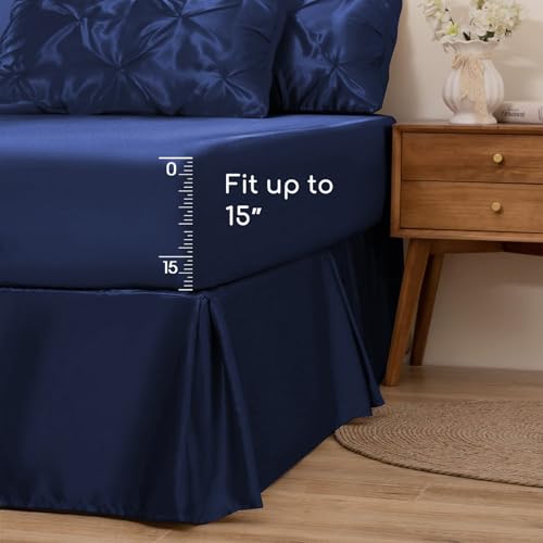 MR&HM Satin Comforter Twin 5 Pieces - Luxurious Pinch Pleat Bedding Set with Comforter, Flat Sheet, Fitted Sheet, Pillowcase & Sham, Super Silky Soft Bed Set for All Season (Twin, Navy Blue)