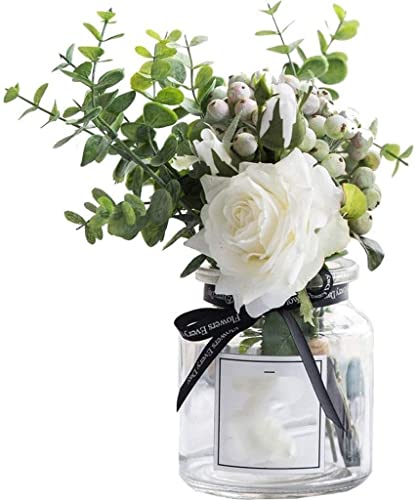 MEIZHITU Arreglos Florales Florero De Cristal Transparente con Juego De Flores Artificiales Arreglo Floral De Hojas De Bayas De Rosas Falsas Centro de Flores Cementerio