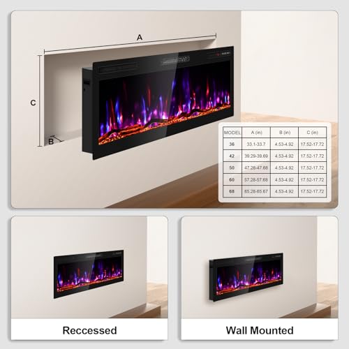 Image of Zionheat 42 inch Wide Screen Electric Fireplace-Wall Fireplace for Living Room-Fireplace Inserts /Wall Mounted with Remote Control, Timer, Dimmer, 12 Flame Colors, 750 /1500W