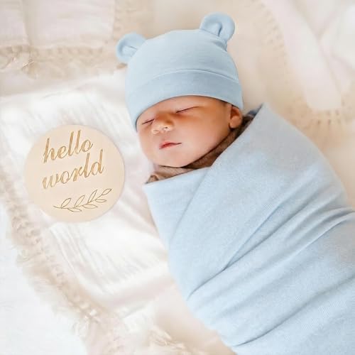 Image of BQUBO 3 Sets Cotton Baby Swaddle Blankets Swaddling Wrap with Hats Mittens Newborn Soft Silky Nursery Receiving Blanket Cute Bear Ears Hat Elastic Gloves Set for Unisex Baby 0-3 Months