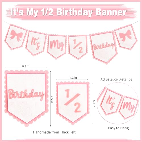 Image of 1 /2 Birthday Girl Half Birthday Decorations Pink Bow It's My 1 /2 Birth Banner Glitter Cake Topper Ribbon Bow Wood Bead High Chair Banner & Cone Hat 6 Months birthday Decorations Party Supplies (Pink)