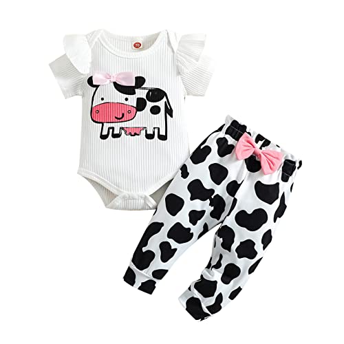 Image of Newborn Infant Baby Girl Clothes Set Cow Ribbed Knit Short Sleeve T-Shirt Romper Onesie Cow Print Pants Outfits