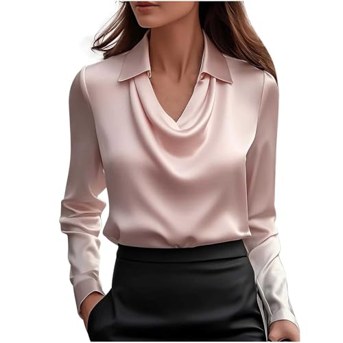 Women's Satin Silky Cowl Neck Drape Ruched Front Long Sleeve Blouse Shirt Top Casual Dressy Loose Clothing