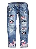 EVALESS Ripped Jeans for Women Boyfriend Distressed Jeans for Women Tummy Control Patchwork Print Mom Jean 2025 Fashion Wide Leg Losse Baggy Denim Bootcut Pants with Hole Blue Large