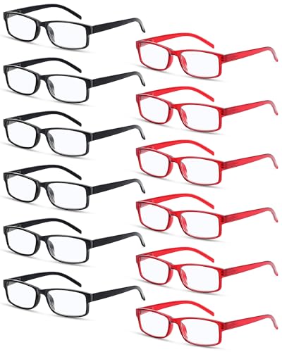 Kanayu 12 Pack Reading Glasses Bulk, 1.75 X Traditional Reading Glasses with Spring Hinges,Computer Eyeglasses with PU Leather Case for Men Women (Black, Red)
