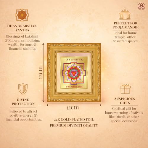 Image of DIVINITI Siddh Energised Dhan Akarshan Yantra | 24k Gold Plated Foil Money Attraction Vastu Frame for Home, Office & Puja Room | Spiritual Yantra for Wealth & Prosperity (12 X 11 CM)