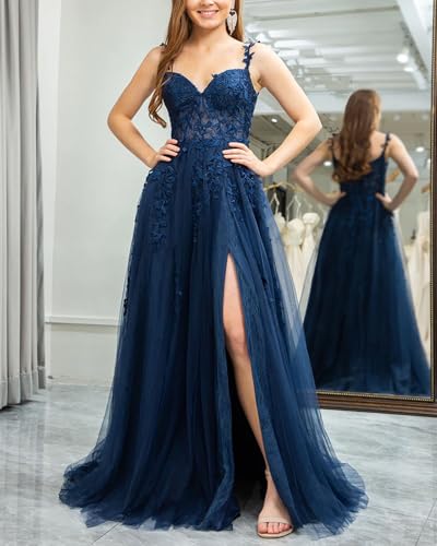 Image of Long Tulle Prom Dresses 2025 V Neck Floral Long Ball Gowns for Women Lace Applique Formal Evening Gowns ACE159