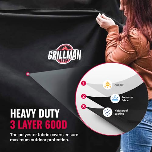 Grillman Heavy Duty BBQ Cover - 147 x 61 x 122 cm Waterproof Barbecue Cover for Outdoor Grill - Fits Weber, Char Broil, Outback - Windproof, Rip-Proof, UV Resistant - Black