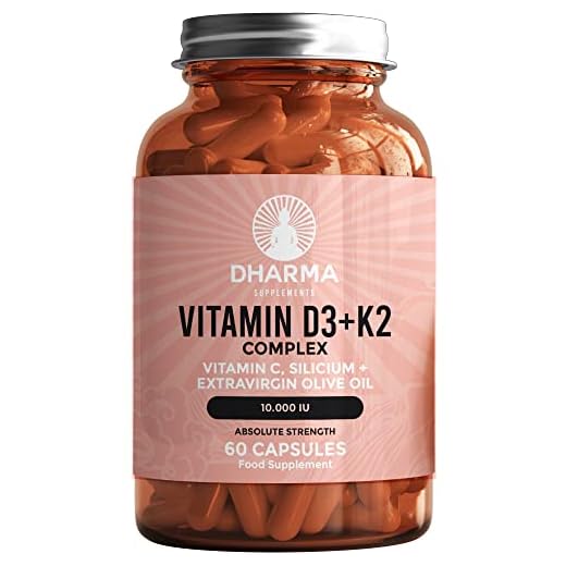 DHARMA Vitamina D3 y K2 10000 UI | Promueve la absorción de calcio, apoya el sistema cardiovascular y arterial | Vitamina natural D3 K2 MK7 con silicio, Vit C y aceite de oliva virgen extra- 60 VegCap