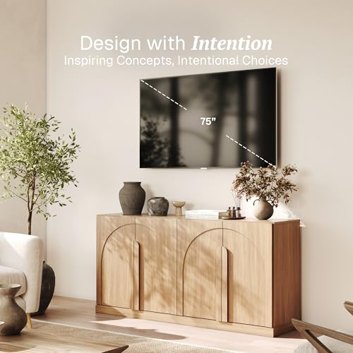 Image of BELLEZE Bijou 64 inch Modern Buffet Sideboard, Mid-Century Arch Carved Wood Door Cabinet, Textured Storage Console for Living Room, Kitchen, Entryway - Camel