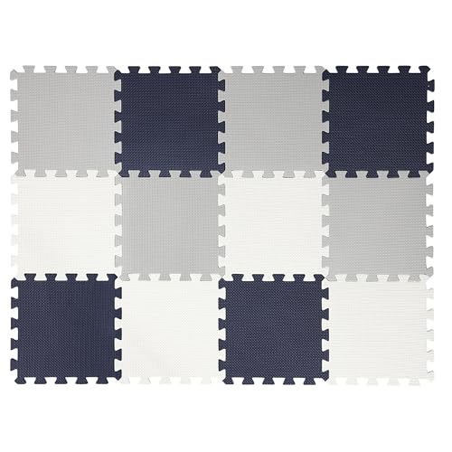 Image of Easy Playhouse: 12 Soft Foam Floor Puzzle Tiles - Black-Grey-White - 12" Interlocking Mat Pieces (4'x3'), Nursery, Playroom, Gym, Children & Adults