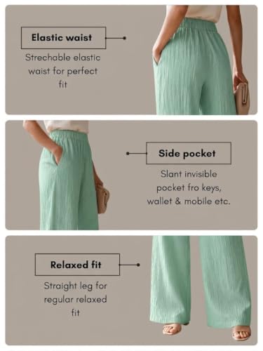 Image of Women's High Waist Wide Leg Trousers | Textured Crinkle Palazzo Pants | Elastic Waist Casual Formal Office Wear Trousers | Comfortable Lightweight Bottom Wear for Women