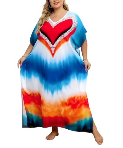 Image of KECVOT Kaftan Dresses for Women V-Neck Print Swimsuit Cover Up Plus Size Beach Caftan Lounge Dress