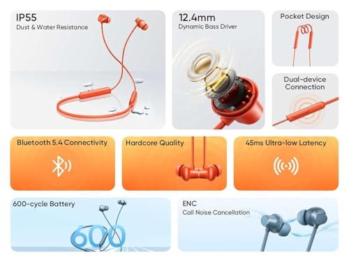 Image of realme Buds Wireless 5 Lite in Ear Bluetooth Neckband with 12.4 mm Dynamic Bass Boost Driver,Upto 35 Hours Playback,45ms Low Latency,IP55 Dust & Water Resistant, Bluetooth V5.4 (Void Black)