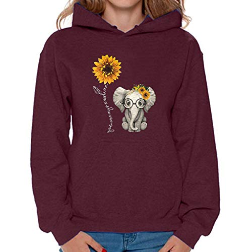 EDC Womens Hooded Sweatshirt with Pockets Sunflower Elephant Print Long Sleeve Pullover Drawstring