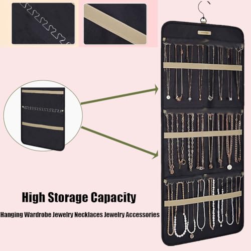 Gurxi Schmuck Organizer zum Aufhängen,Schmuckaufbewahrung Hängend,Kleiderschrank Schmuckaufbewahrung,Schmuckrolle Organizer,für Ketten Ring Ohrringe Halskette Armband,Schwarz