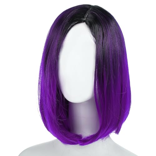 Lurrose Parrucche sintetiche colorate corte ad alta temperatura da donna in pizzo sfumato dritto Bob Cosplay parrucca capelli umani Cap viola