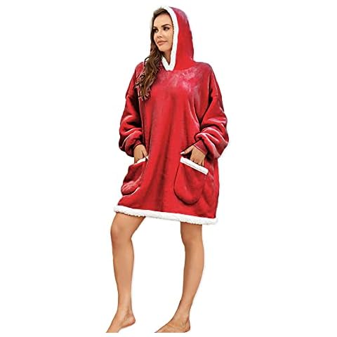 RONGTAI Oversized Sherpa Hooded Wearable Blankets,Soft Microfiber Solid Blanket Sweatshirt with Pockets,One Size Fits All, Red, Adult Cover