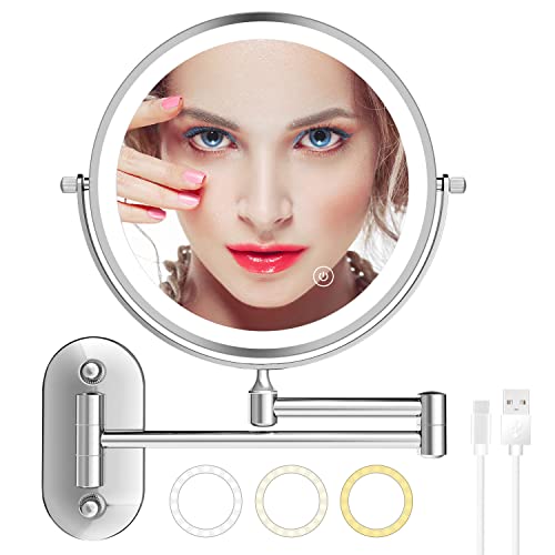 Rechargeable Lighted Wall Makeup Mirror, 2-Sided 1X 7X Magnifying, 8 Inch Lighted Wall Mount Mirror With Medical-Grade 3 Color Lights, Touch Screen Dimming, Extended Arm 360 Rotation (Chrome) #TOP15