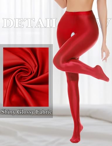 Image of FEOYA Women's Open Crotch Oil Shiny Pantyhose High Waist Control Top Silky Oily Crotchless Footed Tights Stockings